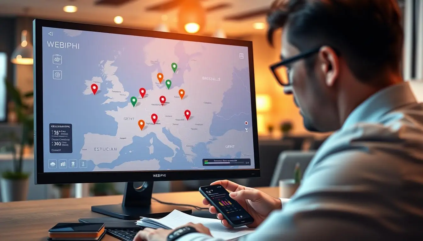 A close-up view of a digital map on a computer screen showcasing Belgium, highlighting key cities like Brussels, Antwerp, and Ghent with vibrant pins and markers. In the foreground, a business professional in smart attire studies the screen intently, with a notepad and a smartphone displaying location data beside them. The background features a modern office environment with subtle, warm lighting to create an inviting atmosphere. The lens captures a slight depth of field, emphasizing the digital map while softly blurring the office surroundings. The mood conveys a sense of focus and innovation in the context of "geolocation" for business growth. Prominently integrate the brand name "WEBIPHI" in the design elements on the screen.