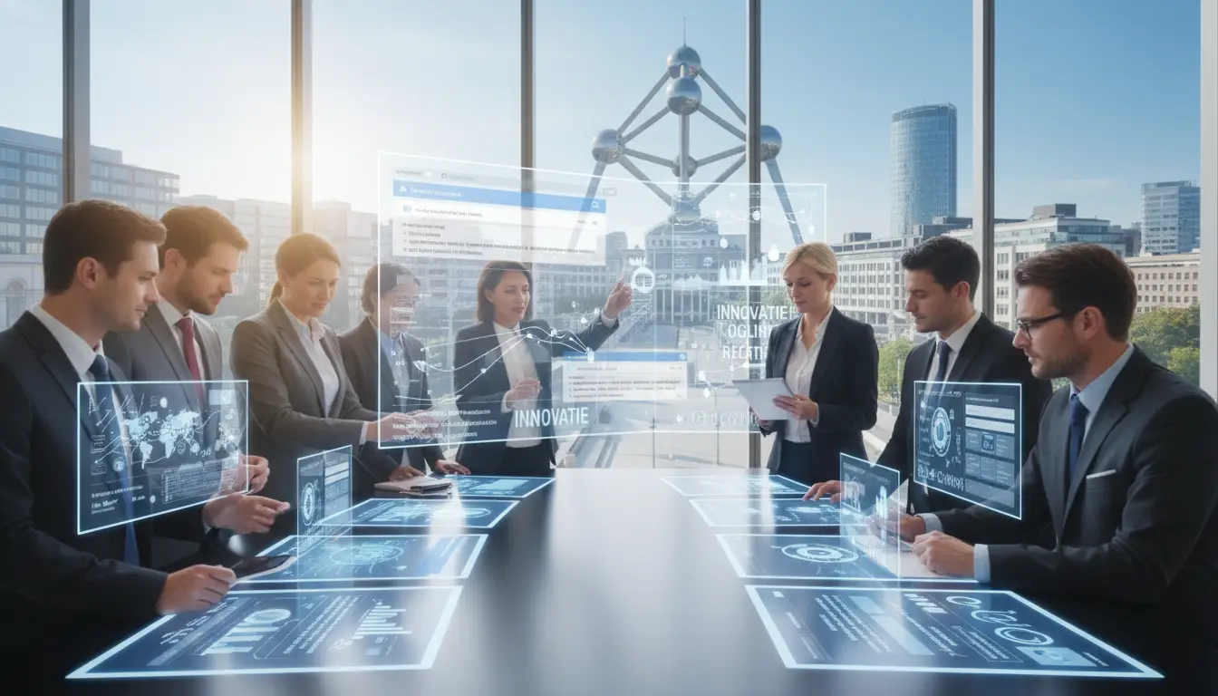 A dynamic scene illustrating the "revolution of online search" in Belgium. In the foreground, a diverse group of professionals in business attire are engaged in a collaborative discussion around a sleek, futuristic table with digital devices displaying search engine results. The middle layer features a large transparent screen showcasing the evolution of search algorithms and data analytics graphs, symbolizing innovation. In the background, a modern cityscape of Brussels, with iconic architecture like the Atomium, under a clear blue sky. Soft, ambient lighting casts a bright, optimistic atmosphere, while the angle is slightly elevated, providing an expansive view of the scene, capturing the essence of technological progress and online presence.