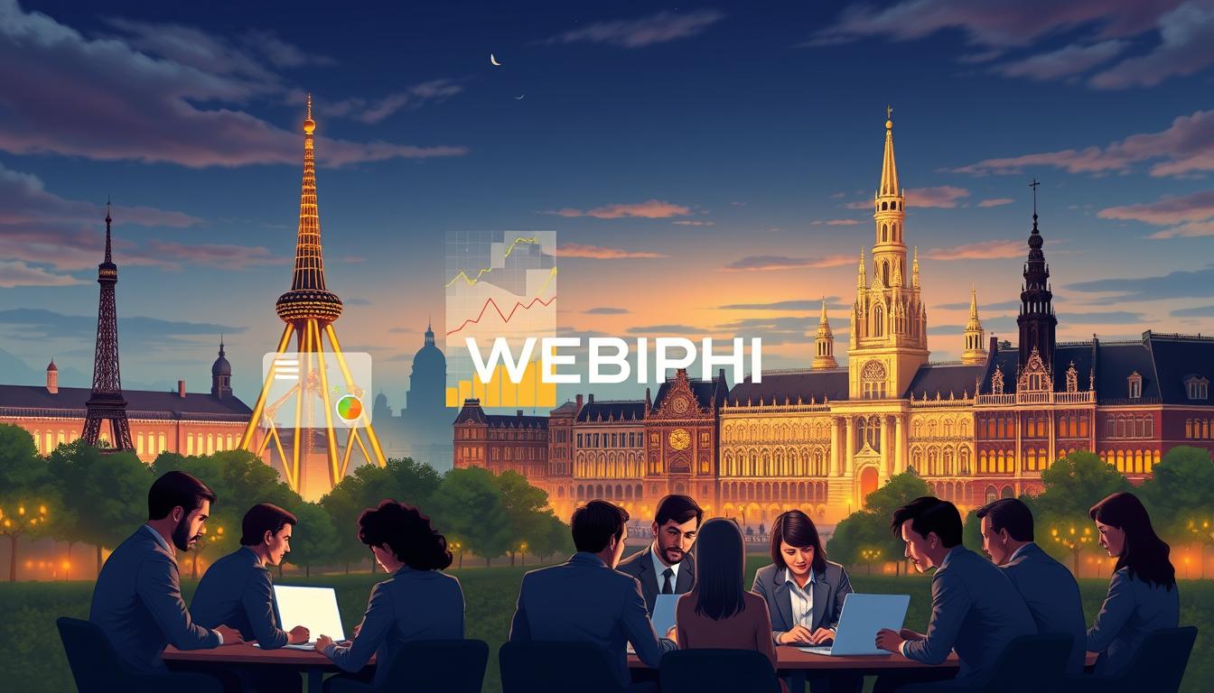 A vibrant digital landscape representing SEO localization in Belgium, featuring iconic Belgian landmarks like the Atomium and the Grand Place adorned with digital marketing elements. In the foreground, a diverse group of professionals in business attire gathered around laptops, analyzing data and discussing strategies, symbolizing collaboration in the digital age. The middle ground showcases charts and graphs emerging from the buildings, suggesting the integration of local SEO data. The background is a twilight sky, filled with a warm glow reflecting the bustling tech environment. Soft, ambient lighting highlights the faces of the professionals, creating a focused and optimistic atmosphere for the digital marketing scene. The brand logo "WEBIPHI" is subtly integrated into the environment, representing innovative solutions in local SEO.